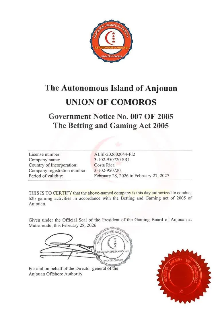 Gaming Board of Anjouan B2B gaming authorization certificate
