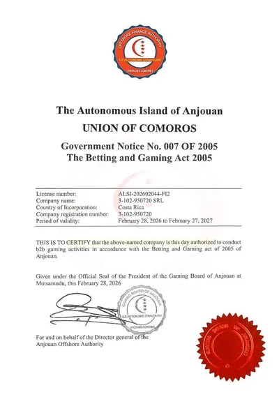 Gaming Board of Anjouan B2B gaming authorization certificate
